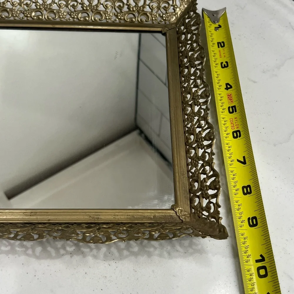 Vintage Gold Filigree Vanity Dresser Hollywood Regency Mirror Tray
